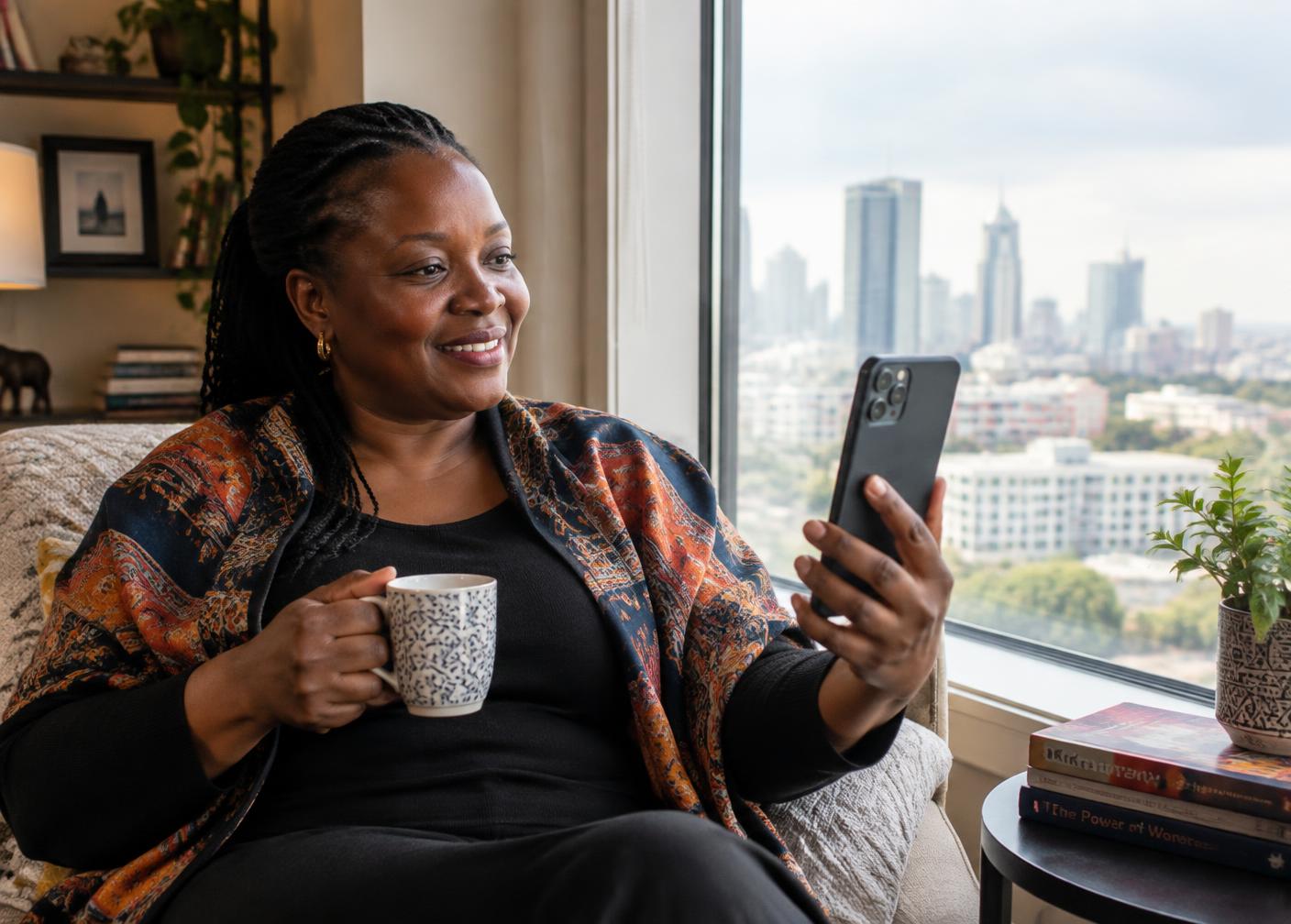 A woman abroad on a video call home