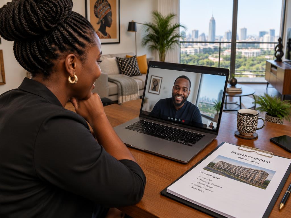 A concierge on a video call with a client abroad, a property report beside her