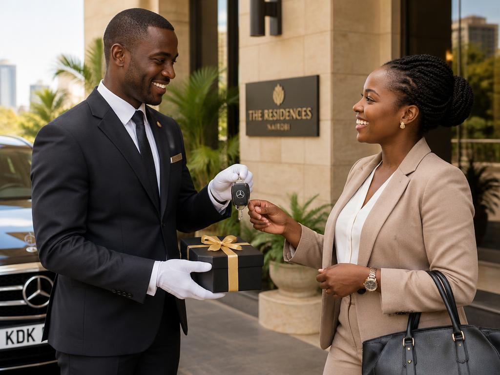 A concierge handing car keys and a gift box to a client outside a Nairobi residence