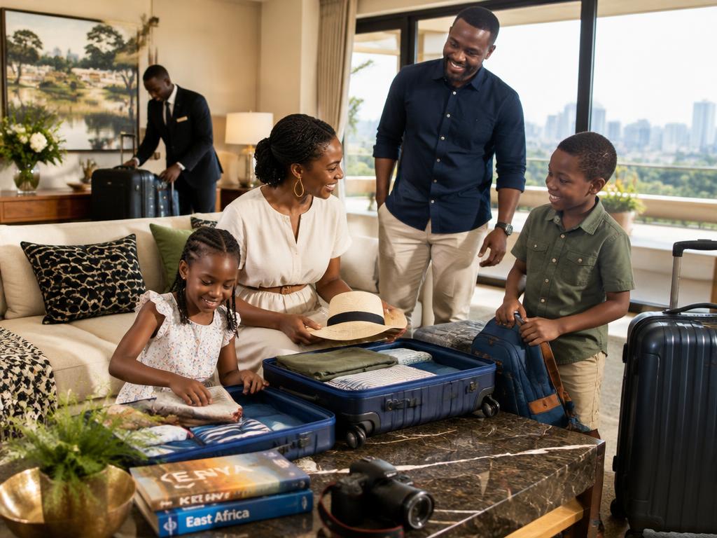 A family preparing for a holiday while a concierge coordinates their luggage
