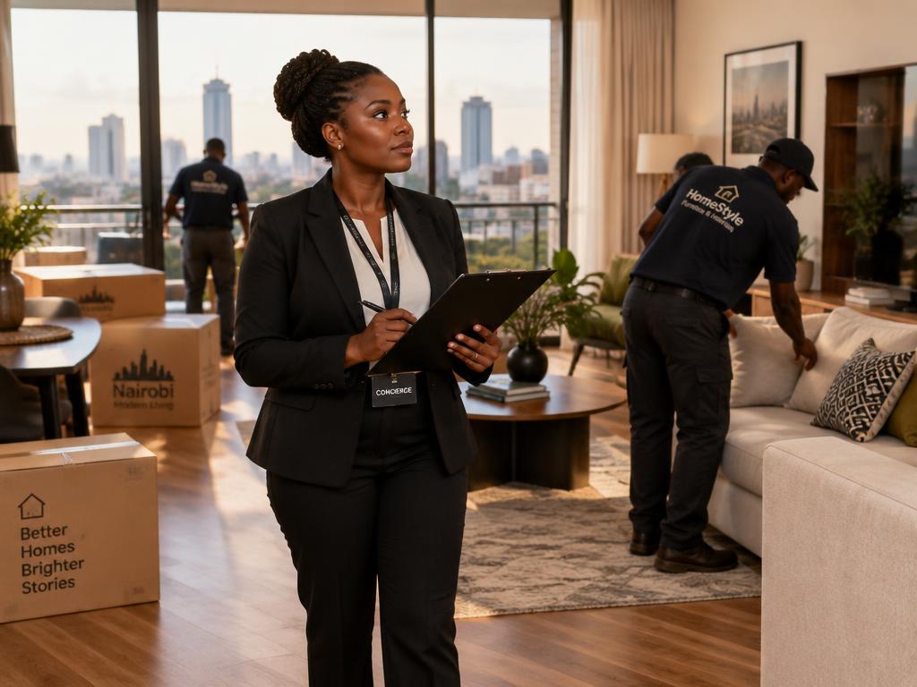 A concierge inspecting a Nairobi apartment during a move, clipboard in hand